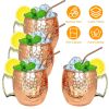 4Pcs Moscow Mule Mugs 18OZ Copper Plating Cocktail Cup Set With Straws Stainless Steel Lining Hammered Cups For Wine Beer Cocktail Cold Drinks